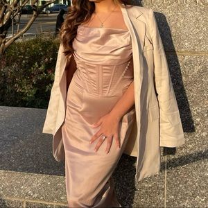 carli bybel x missguided champagne drape neck satin corset midaxi dress!